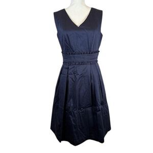 Tahari Sleeveless Navy Blue V-Neck Dress Ruffle Waist Pintucks Back Zip Size 8